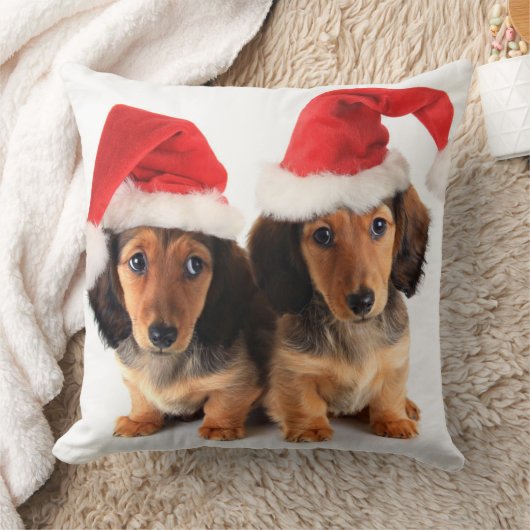 サンタの帽子を身に着けているクリスマスのダックスフントの子犬 クッション (ブランケット)