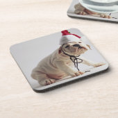 サンタの帽子を身に着けているブルドッグの子犬 コースター (左側)