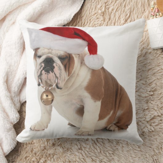サンタの帽子を身に着けている英国のブルドッグ クッション (ブランケット)