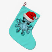 サンタの帽子を身に着けている青色児のタコ ラージクリスマスストッキング (正面 (吊り時))