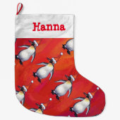 サンタの帽子パターンのお祝いのペンギン ラージクリスマスストッキング (正面)