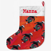 サンタの帽子パターンのお祝いのペンギン ラージクリスマスストッキング (裏面)