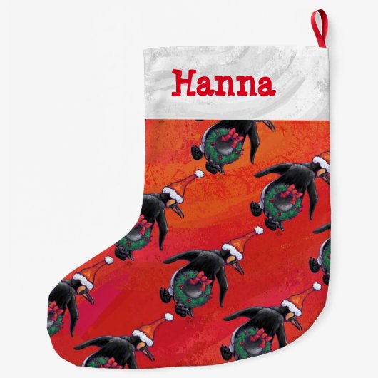 サンタの帽子パターンのお祝いのペンギン ラージクリスマスストッキング (裏面)