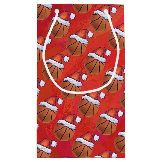 サンタの帽子パターンのバスケットボール スモールペーパーバッグ (裏面)