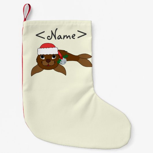 サンタの帽子及びシルバーベルが付いているブラウンの子どものアシカ スモールクリスマスストッキング (正面)