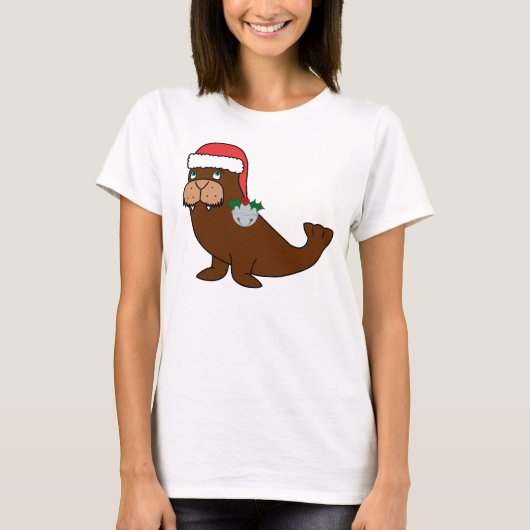 サンタの帽子及びシルバーベルを持つクリスマスのセイウチ Tシャツ (正面)