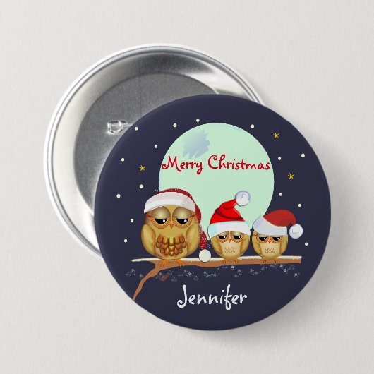 サンタの帽子及び名前をカスタムするを用いるかわいいフクロウ家族 缶バッジ (正面&裏面)