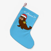 サンタの帽子及び金ゴールド鐘のクリスマスのセイウチ スモールクリスマスストッキング (正面 (吊り時))
