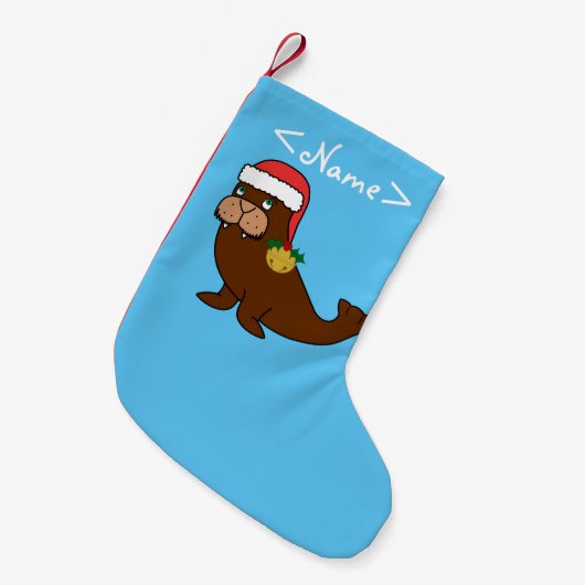 サンタの帽子及び金ゴールド鐘のクリスマスのセイウチ スモールクリスマスストッキング (正面 (吊り時))