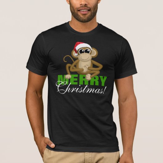 サンタの帽子猿- "メリークリスマス"の黒のワイシャツ Tシャツ (正面)