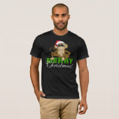 サンタの帽子猿- "メリークリスマス"の黒のワイシャツ Tシャツ (正面フル)