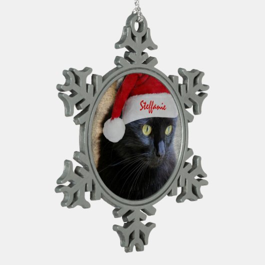 サンタの帽子、カスタマイズ名前を持つかわいいクリスマス猫 スノーフレークピューターオーナメント (左)