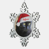 サンタの帽子、カスタマイズ名前を持つかわいいクリスマス猫 スノーフレークピューターオーナメント (右)