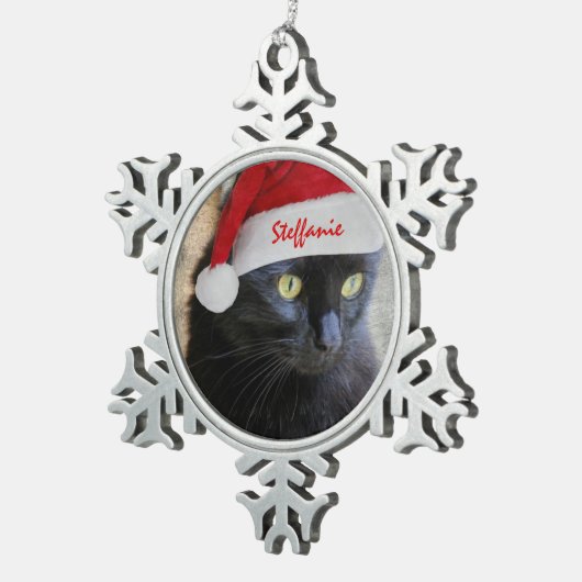 サンタの帽子、カスタマイズ名前を持つかわいいクリスマス猫 スノーフレークピューターオーナメント (右)