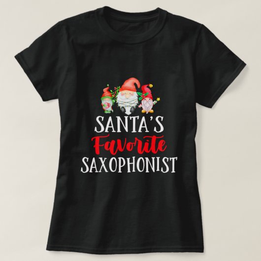 サンタの愛するサックス奏者 クリスマスの面白いノーム Tシャツ (デザイン正面)