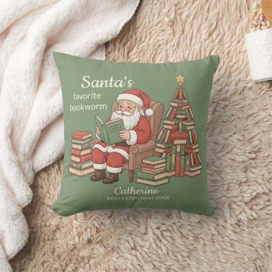 サンタの愛する本の虫 クリスマスの名前と年 クッション (ブランケット)
