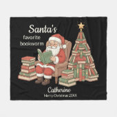 サンタの愛する本の虫 クリスマスの名前と年 フリースブランケット (正面(横))