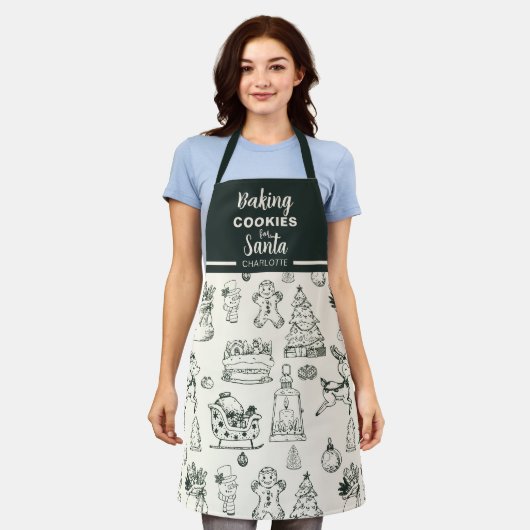 サンタの手描きドードルベーキングクッキー エプロン (着用した状態)
