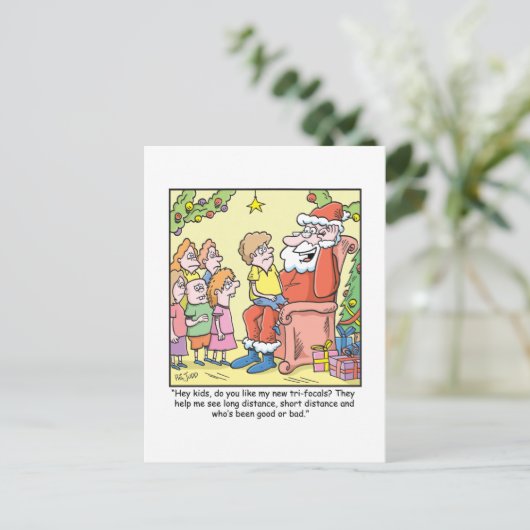 サンタの新しいガラスについてのクリスマスの漫画 シーズンポストカード (スタンド正面)