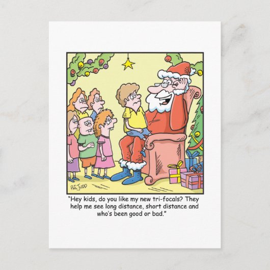 サンタの新しいガラスについてのクリスマスの漫画 シーズンポストカード (正面)