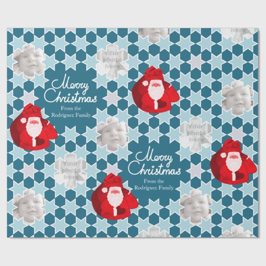 サンタの星パターン赤く青いクリスマスの家族写真 ラッピングペーパー (フラット)