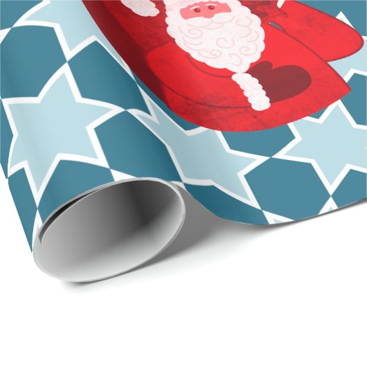 サンタの星パターン赤く青いクリスマスの家族写真 ラッピングペーパー (ロールコーナー)