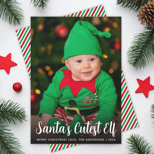 サンタの最もかわいいエルフ スクリプト 楽しいクリスマスの赤ちゃん写真 シーズンカード