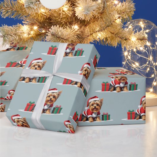 サンタの服を着たクリスマスヨークシャーのテリア犬 ラッピングペーパー (クリスマス)