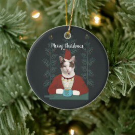 サンタの服を着た猫クリスマスカード セラミックオーナメント