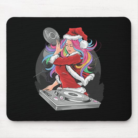 サンタの服を着た虹色の髪のDJ女子 クリスマス マウスパッド (正面)