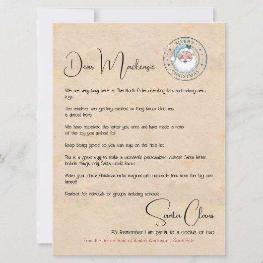 サンタの机からの手紙パーソナライズされた シーズンカード (正面)