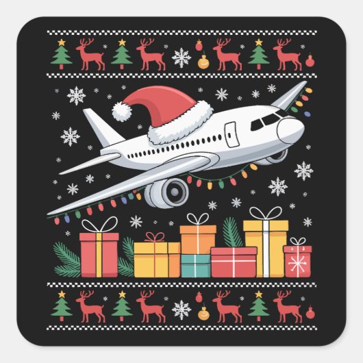 サンタの格好した醜い飛行機のクリスマスイルミネーション ツリー スクエアシール (正面)