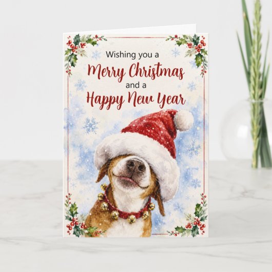 サンタの格好をした犬の面白いクリスマスカード シーズンカード (正面)