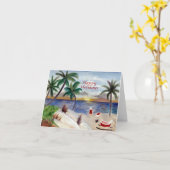 サンタの熱帯ビーチブレイククリスマスカード カード (黄色い花)