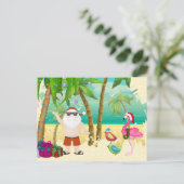 サンタの熱帯鳥、ヤシの木のビーチのクリスマス シーズンポストカード (スタンド正面)