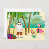 サンタの熱帯鳥、ヤシの木のビーチのクリスマス シーズンポストカード (正面/裏面)