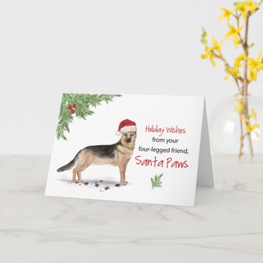 サンタの犬からのドイツの羊飼いおもしろいのクリスマス カード (黄色い花)