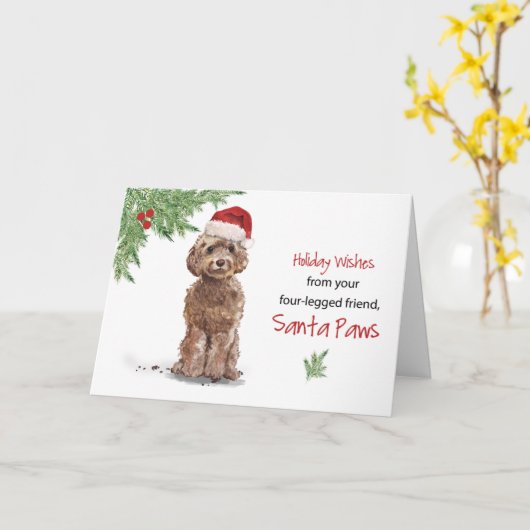 サンタの犬から茶色のコックポーおもしろいクリスマス カード (黄色い花)