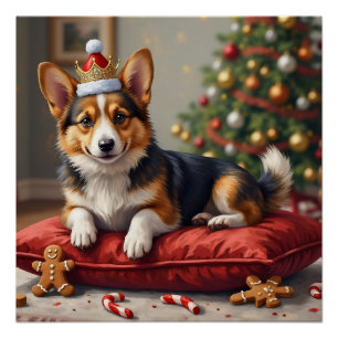 サンタの王冠をかぶったコーギーのクリスマスローフのイラスト ポスター