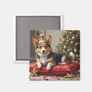 サンタの王冠をかぶったコーギーのクリスマスローフのイラスト マグネット