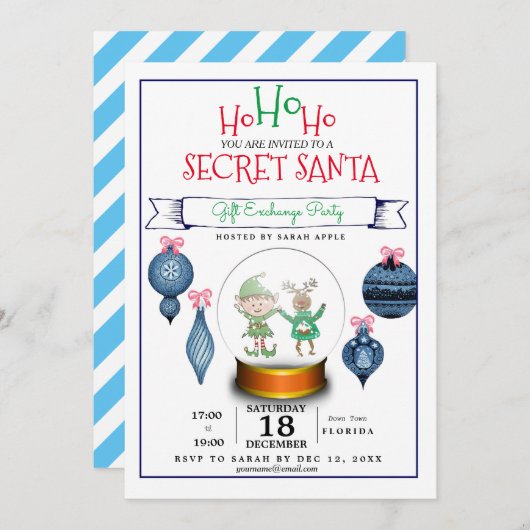 サンタの秘密のクリスマスの青いギフト交換招待 招待状 (正面/裏面)