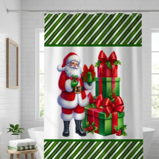 サンタの緑のクリスマスストライプ シャワーカーテン
