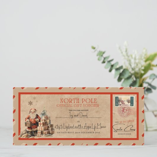 サンタの編集可能ヴィンテージクリスマスギフト券 カード (スタンド正面)