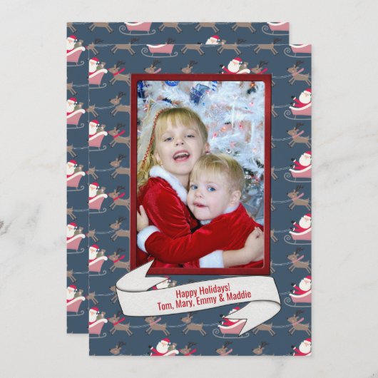 サンタの背景に赤いクリスマスフォトフレーム シーズンカード (正面/裏面)