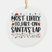 サンタの膝の上でおならをしそうなクリスマス家族 セラミックオーナメント (正面)