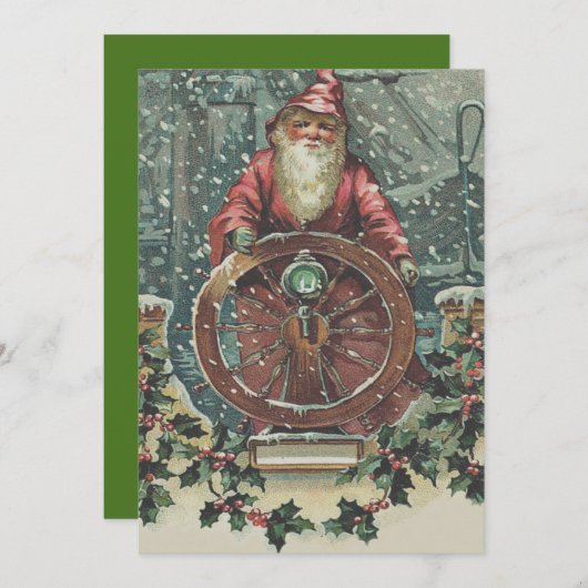 サンタの船のボートの雪の嵐のヒイラギ シーズンカード (正面/裏面)