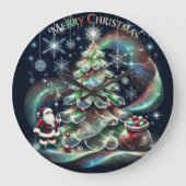 サンタの虹色の光のクリスマス ラージ壁時計 (正面)