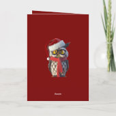 サンタの衣装と赤いマフラーを身に着けたクリスマスのフクロウ シーズンカード (裏面)