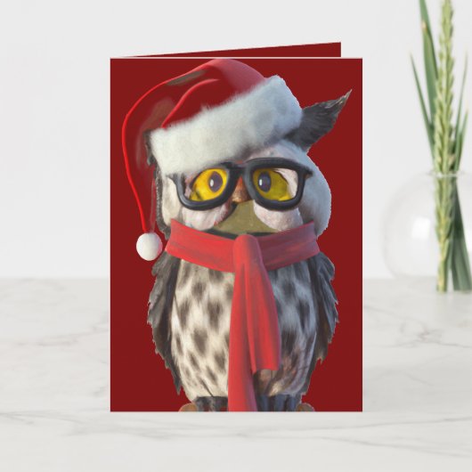 サンタの衣装と赤いマフラーを身に着けたクリスマスのフクロウ シーズンカード (正面)