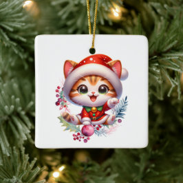 サンタの衣装を着たかわいい子猫クリスマス セラミックオーナメント
